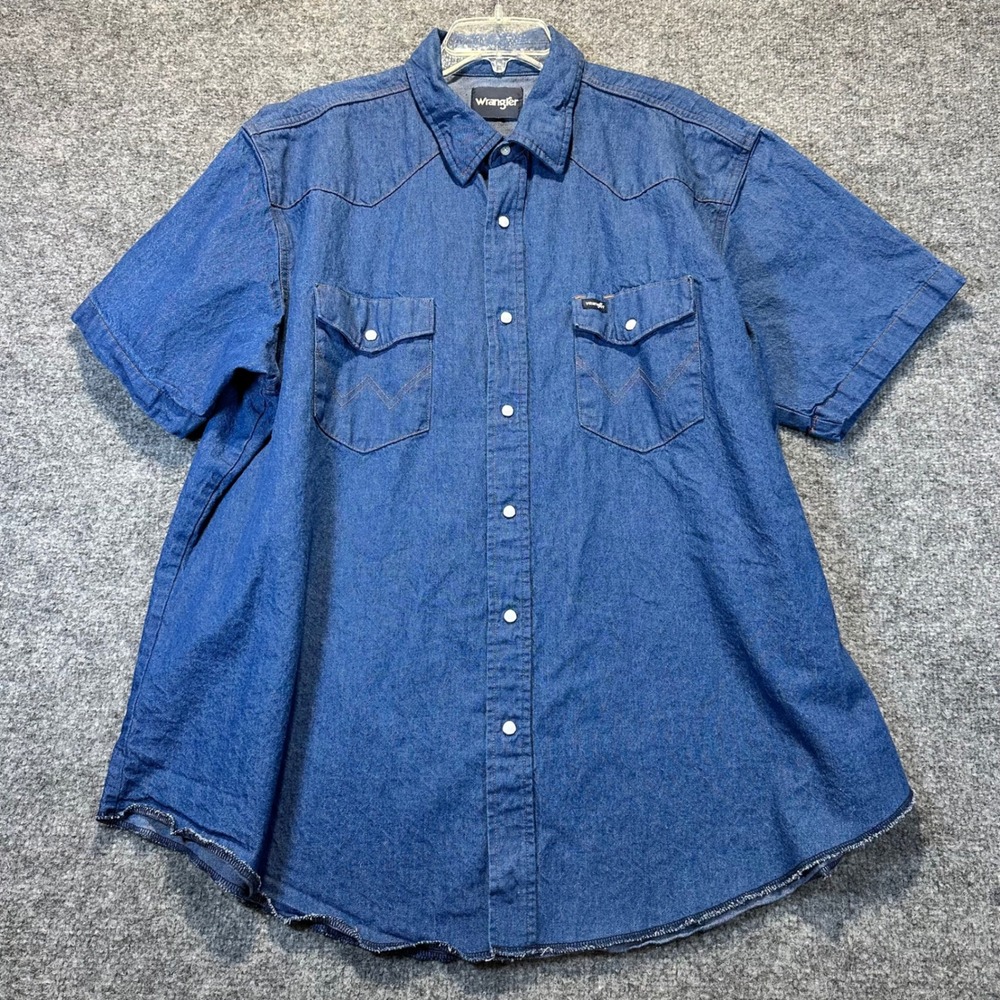 Wrangler Pearl Snap Shirt Mens 2XL Blue Denim Western Workwear Raw Hem